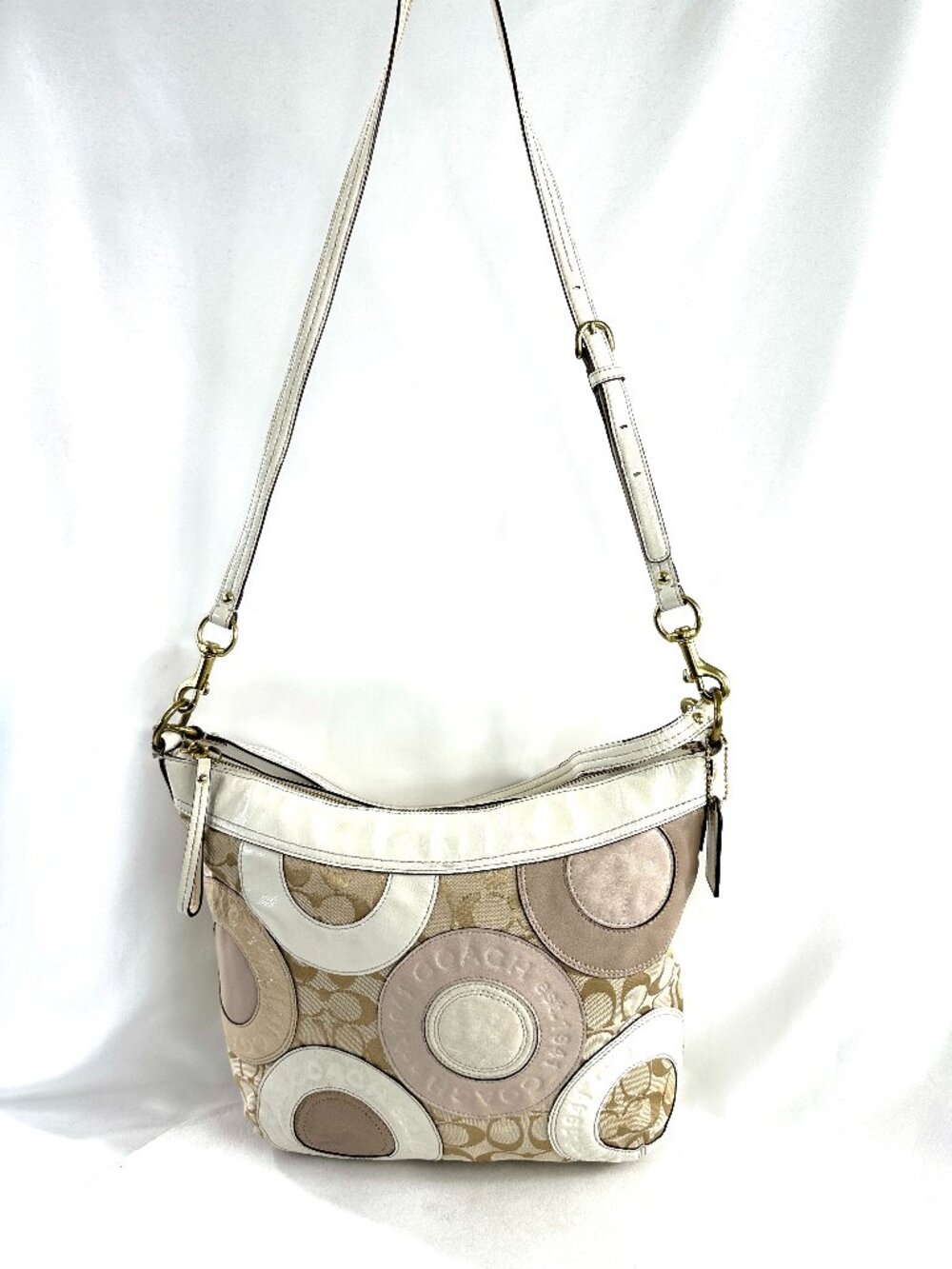 COACH F19402 Khaki Ivory Circles Signature Jacquard Shoulder Bag Brass Rare